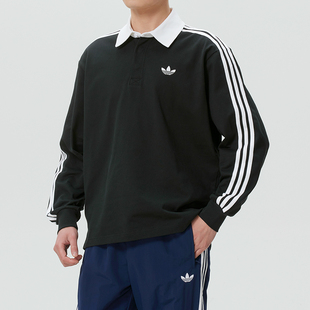 阿迪达斯三叶草男装长袖POLO衫2026春季新款黑色休闲运动服KE3576