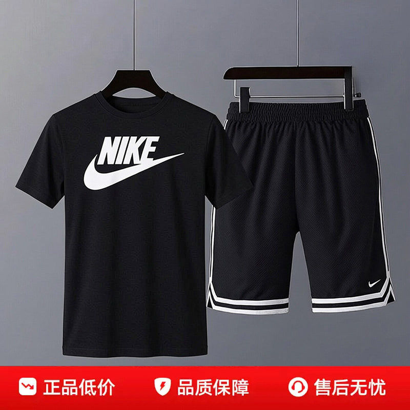 nike耐克男装秋季运动套装黑色短袖T恤短裤圆领透气健身衣跑步