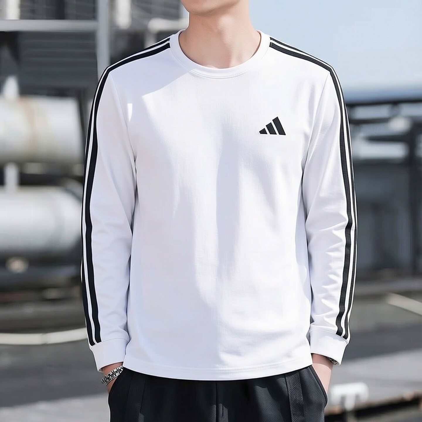 阿迪达斯男子白色针织卫衣26秋新款运动服休闲宽松长袖T恤KF3731