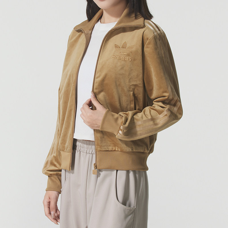 阿迪达女装短款外套2025冬季新款复古丝绒立领夹克运动服 JY2591