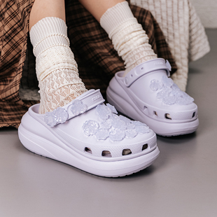 CROCS卡骆驰洞洞鞋男鞋女鞋紫色26新款泡芙花簇Clog厚度增高凉鞋