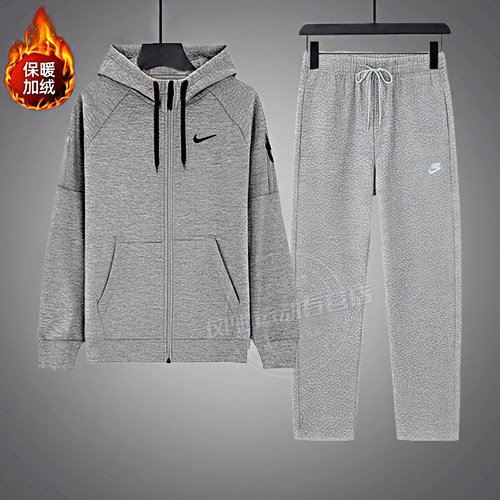 耐克Nike男装冬季灰色加绒保暖针织休闲套装外套卫衣直筒长裤子