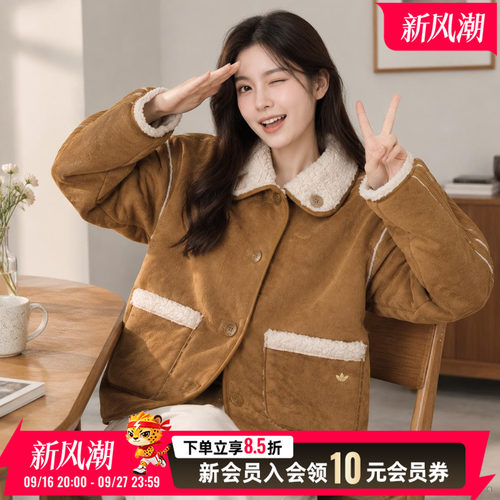 阿迪达斯三叶草女装26春新款灯芯绒外套两面穿保暖夹克大衣KT3145