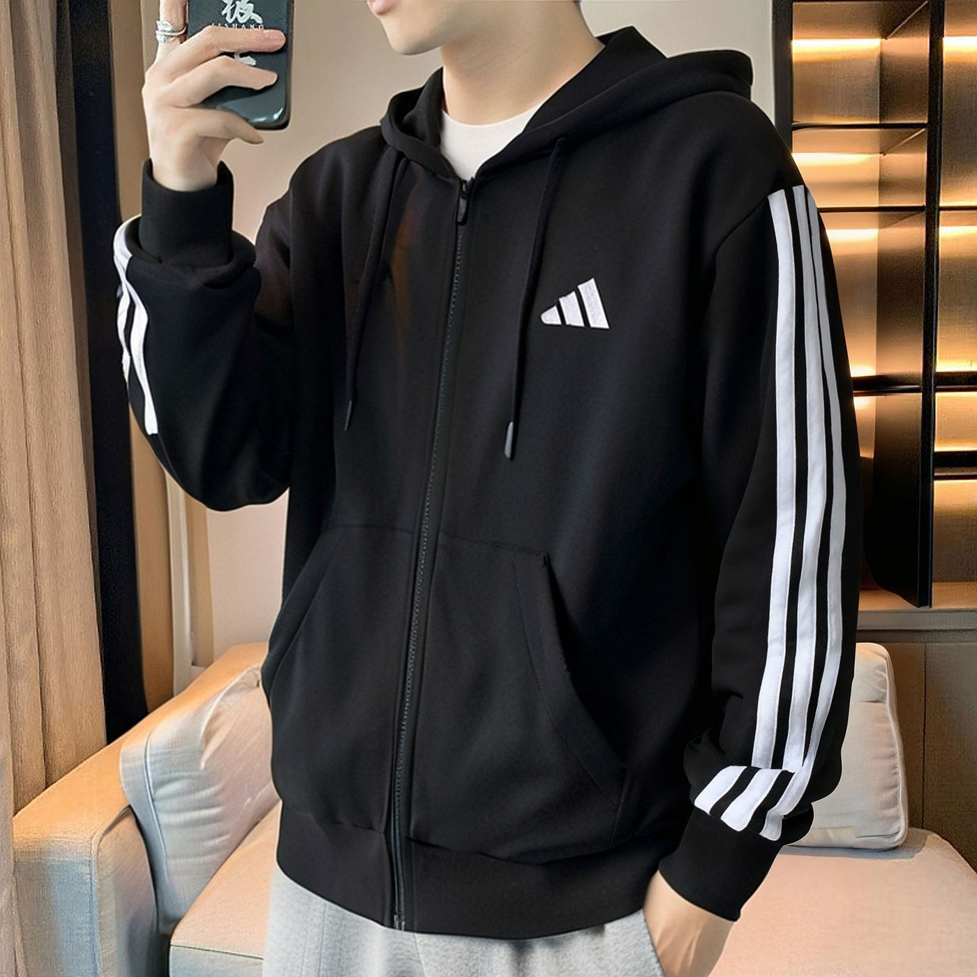 Adidas阿迪达斯男装针织夹克外套25新款加绒连帽跑步运动服JD1870