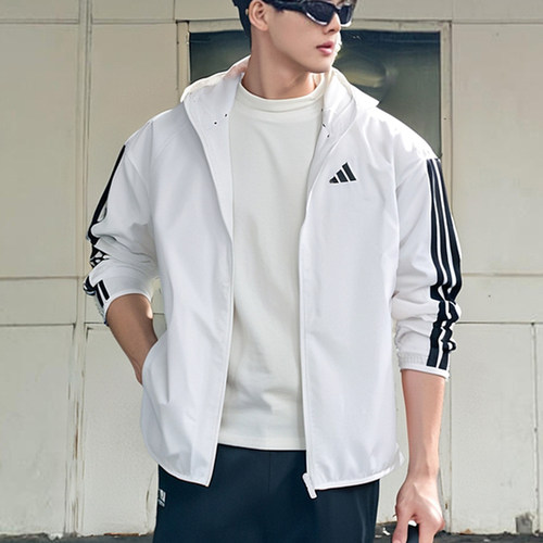阿迪达斯外套男装官网2026秋季新款白色运动服连帽休闲夹克JF3682