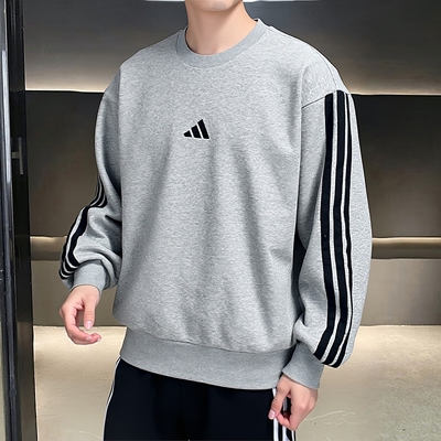 阿迪达斯灰色圆领加绒卫衣男装25冬季保暖运动服休闲服长袖套头衫