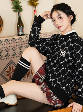 MLB官网圆领卫衣男女复古印花运动服新款宽松休闲套头衫3AMTM0141