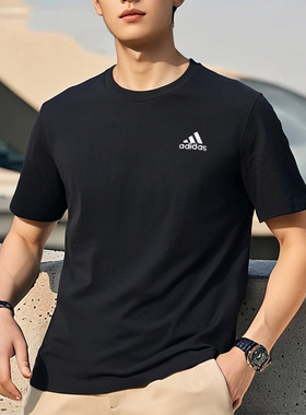 阿迪达斯黑色圆领短袖男子2026春季新款纯棉运动服透气T恤IC9282