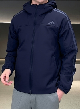 阿迪达斯加绒梭织外套2025冬季新款运动服休闲连帽防风夹克KA1306
