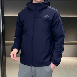 阿迪达斯加绒梭织外套2025冬季新款运动服休闲连帽防风夹克KA1306