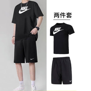 休闲运动跑步套装 耐克正品 两件套春季 长裤 男 男子黑色圆领T恤短袖