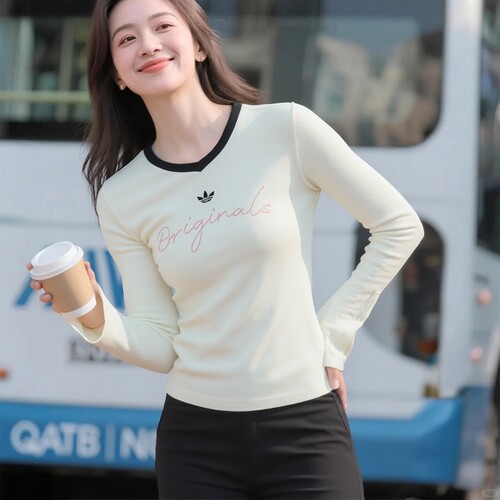 阿迪达斯三叶草女长袖T恤内搭打底26夏新款V领运动服套头衫KS2382