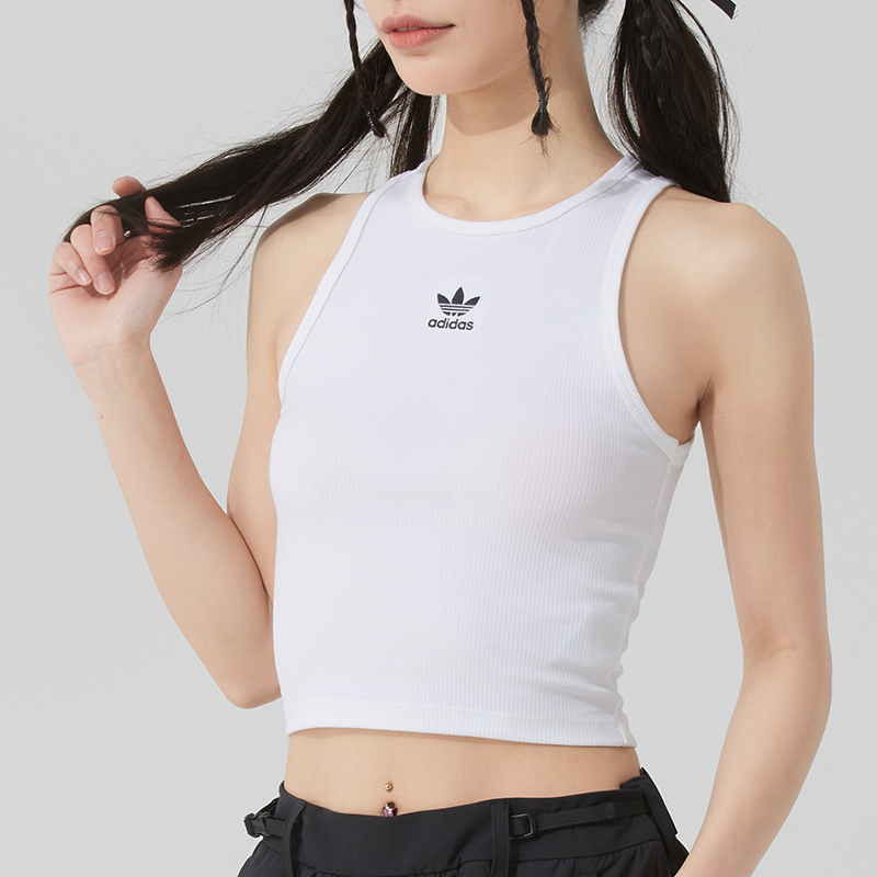 阿迪达斯三叶草女装内搭背心25夏新款白色运动跑步无袖T恤JC9007
