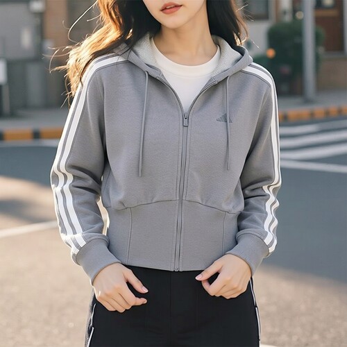 阿迪达斯女子短款连帽收腰外套26新款灰色运动服休闲夹克KX8906
