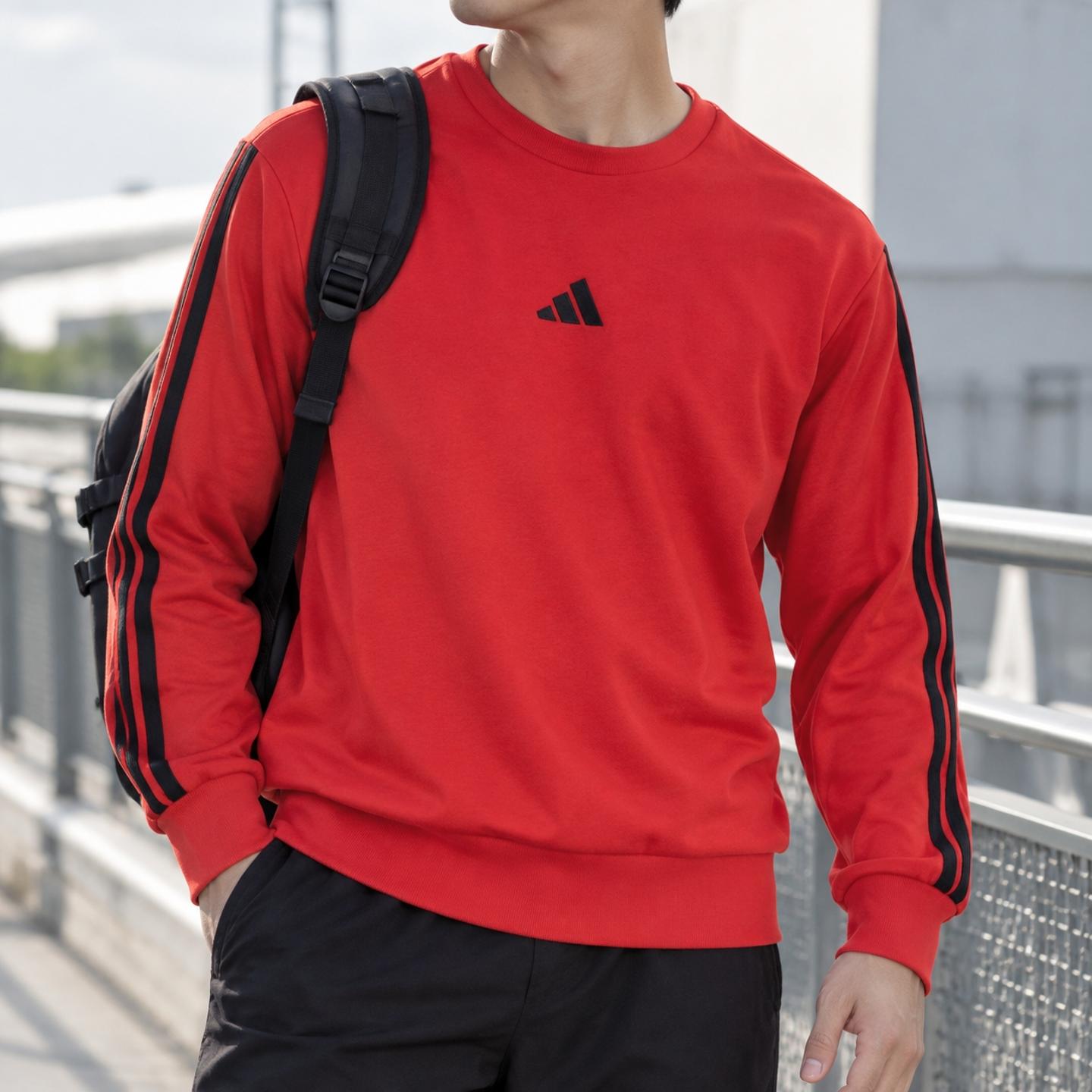 Adidas阿迪达斯圆领红色卫衣男装秋装休闲运动服长袖套头衫JE6373