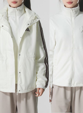 阿迪达斯女装梭织连帽夹克白色三合一外套25新款抓绒运动服KB7592