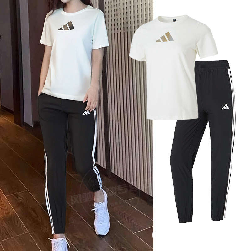 26春季新款阿迪达斯女装运动套装透气圆领短袖T恤休闲收口长裤子
