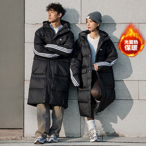 阿迪达斯三叶草情侣黑色长款羽绒服25冬季新款运动男女保暖厚外套