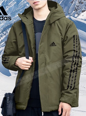 阿迪达斯绿色短款棉服外套男上衣冬季运动户外保暖连帽夹克IP2537