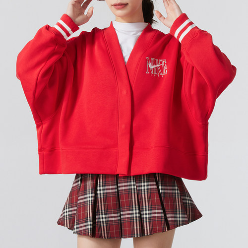 NIKE耐克开衫外套女春新款加绒红色大V领运动休闲夹克 HJ0947