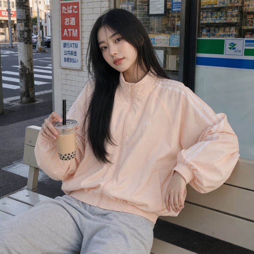 三叶草粉色梭织夹克外套女灯笼袖阿迪达斯运动服26新款上衣KY5046图片