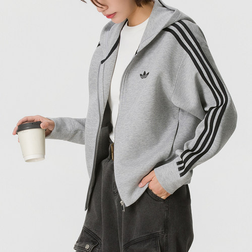 阿迪达斯三叶草灰色针织连帽外套26秋季新款跑步休闲运动服JY2620