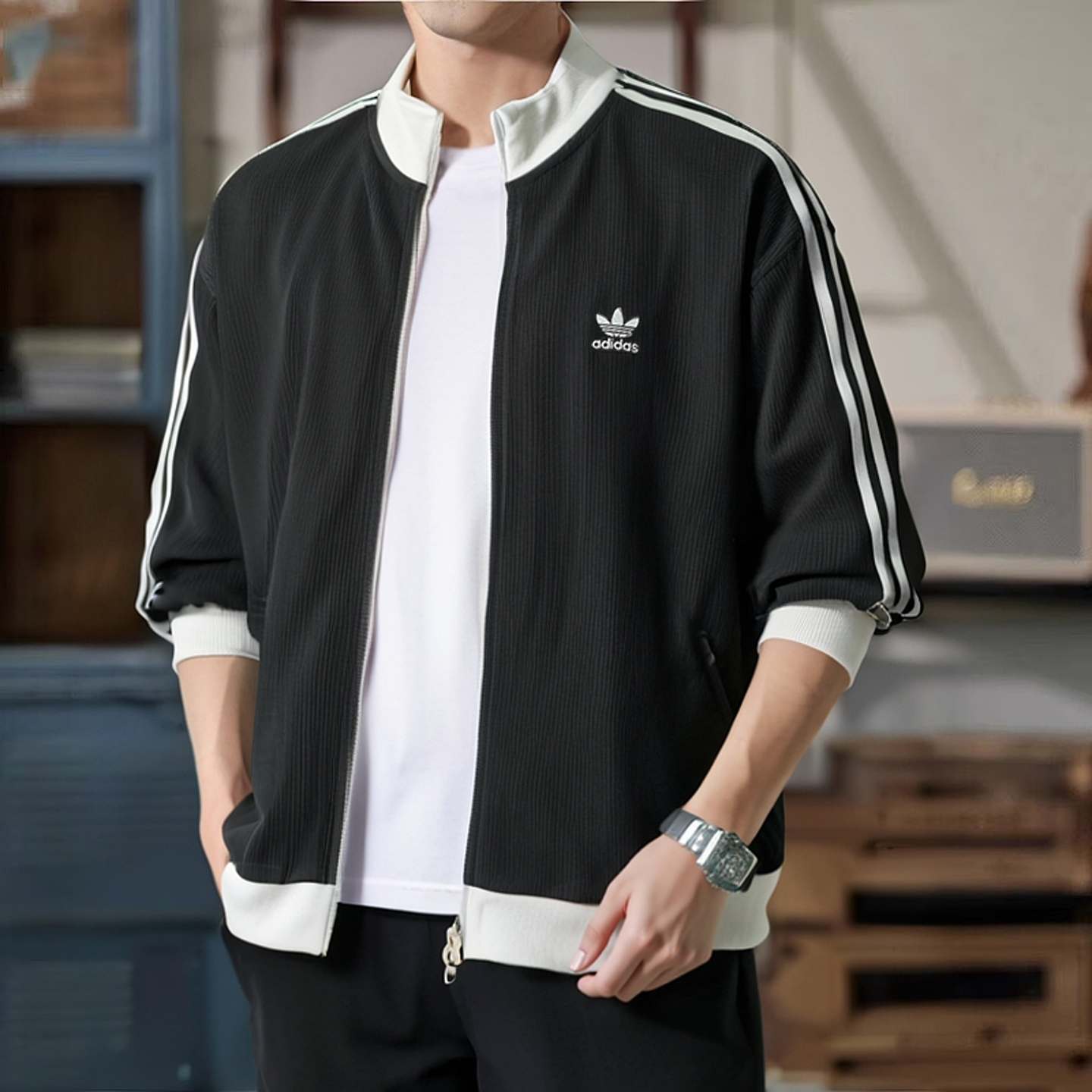 阿迪达斯三叶草男装夹克2025秋季新款官方华夫格运动服三条纹外套