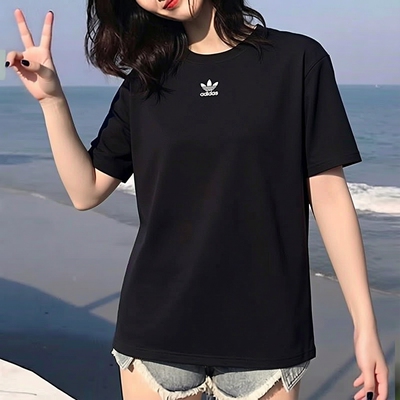 夏季纯棉黑色T恤女阿迪达斯三叶草短袖2026夏季透气运动服IY7321