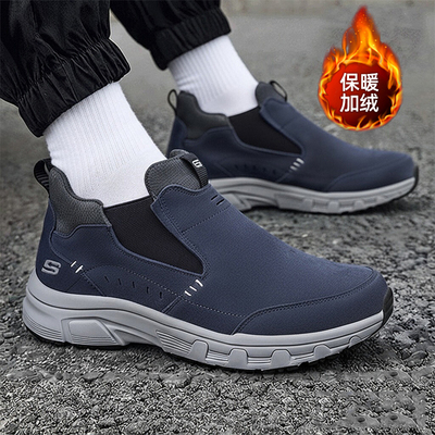 斯凯奇加绒男鞋冬季新款棉鞋一脚蹬穿脱休闲鞋正品男款加厚保暖鞋
