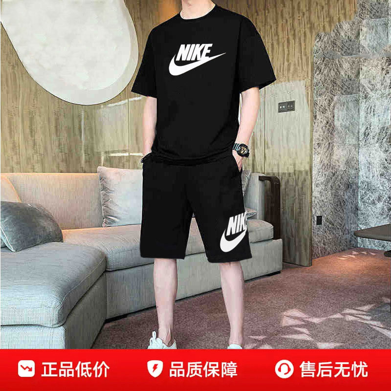 Nike耐克官网男子黑色印花休闲短袖T恤短裤两件套夏季运动套装男