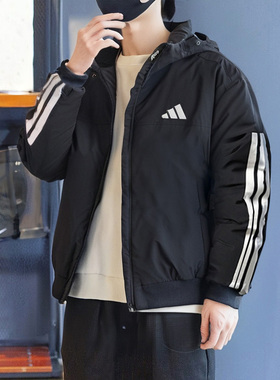 阿迪达斯黑色连帽羽绒服男装冬季新款保暖运动服宽松夹克JG3845