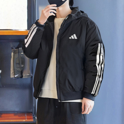 阿迪达斯黑色连帽羽绒服男装冬季新款保暖运动服宽松夹克JG3845