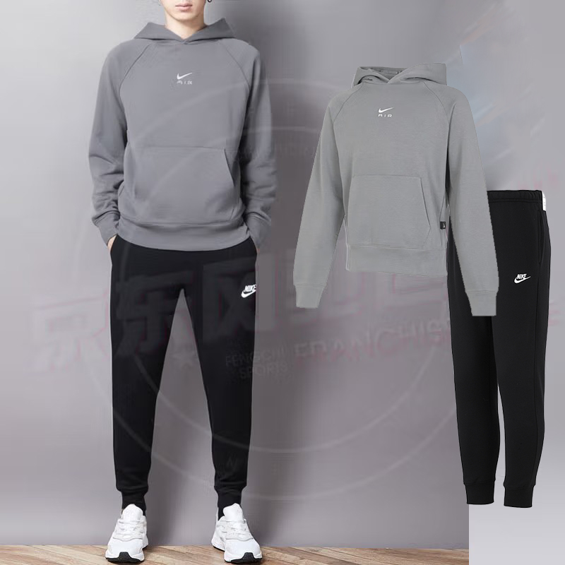 NIKE耐克夏季保暖套装男装灰色连帽卫衣长裤子加绒休闲运动套头衫