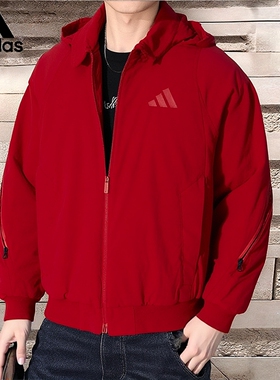adidas阿迪达斯红色新年款夹克男装冬季加绒保暖梭织厚外套JZ41