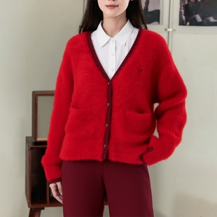 adidas阿迪达斯三叶草女红色新年款开衫26春季毛绒运动外套KT3171