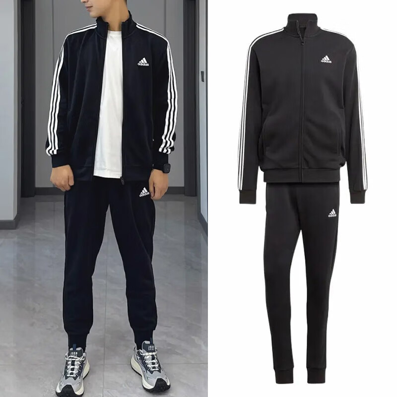 阿迪达斯男士针织运动套装透气跑步外套长裤立领夹克休闲裤三条纹
