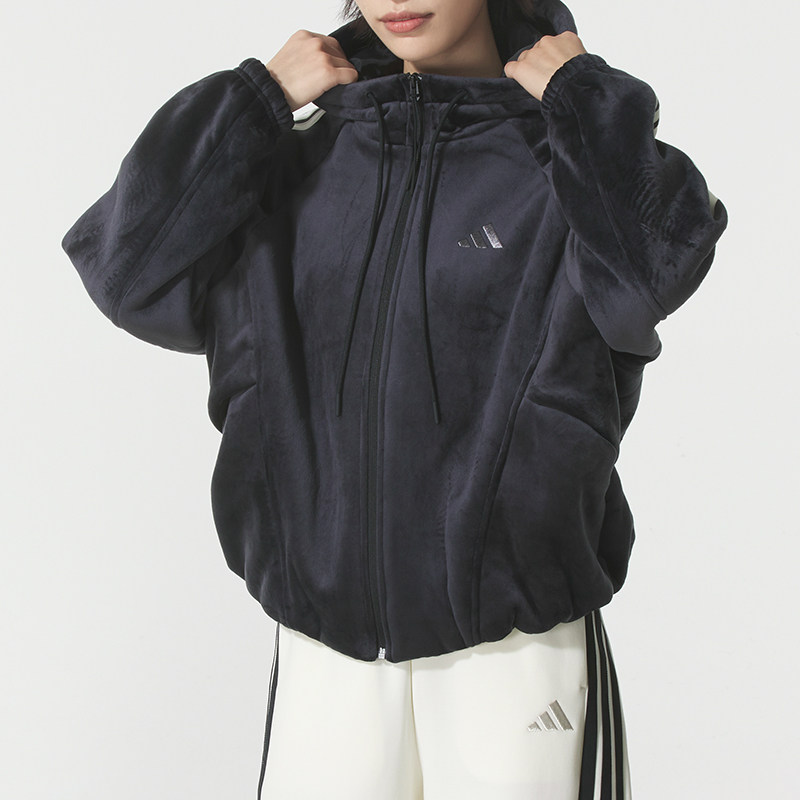 阿迪达斯（adidas）女装 新款春季运动服绒面亲肤针织连帽外套时