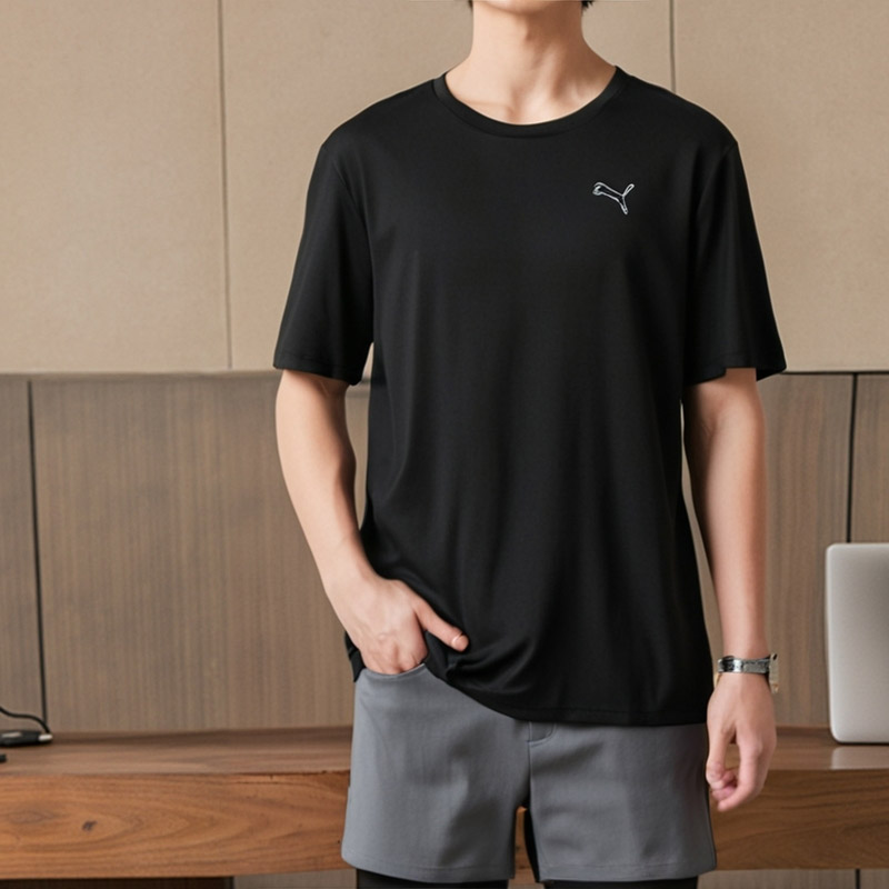 PUMA彪马男装黑色圆领短袖T恤春夏款跑步健身透气运动服587212-01