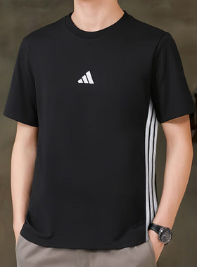 阿迪达斯纯棉短袖男装2025春季新款黑色运动半袖男士T恤衫JY8564