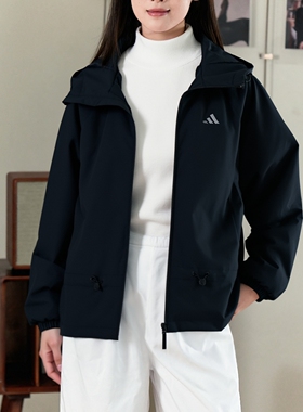阿迪达斯黑色梭织夹克外套女装上衣25冬季新款连帽运动服KS2807