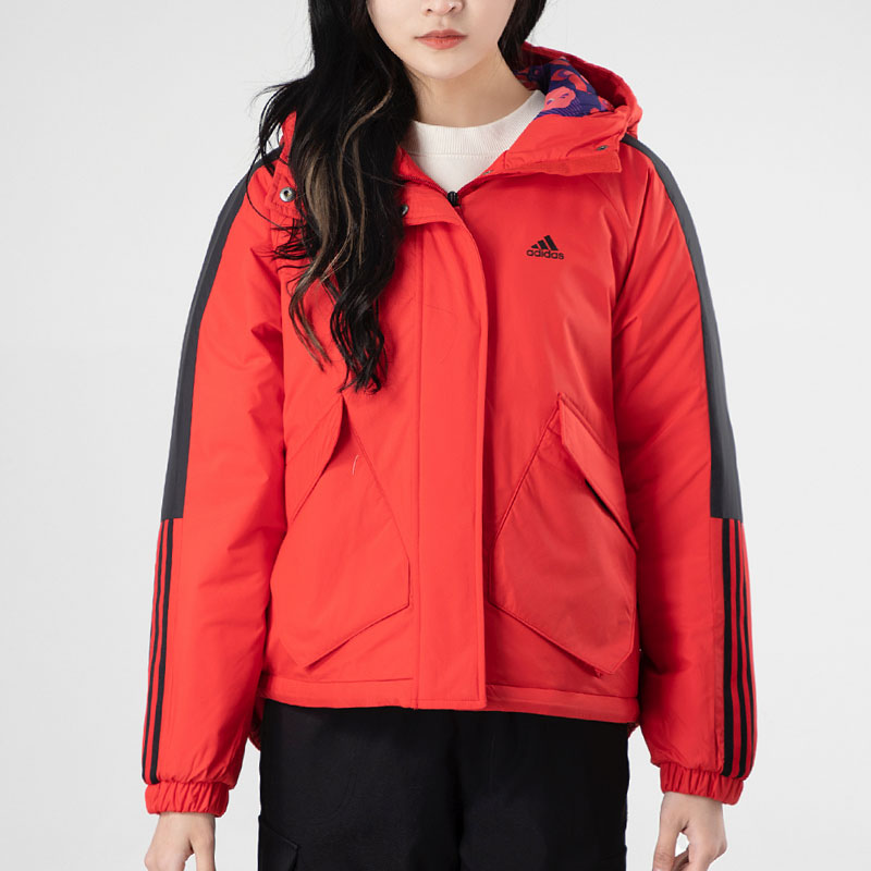 adidas阿迪达斯红色棉服女子短款春夏新款保暖防风连帽外套GN7377