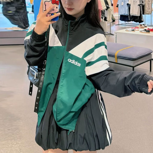 阿迪达斯三叶草男装女装绿色梭织外套26新款立领夹克运动服JX3053