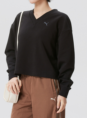 PUMA彪马女装V领针织衫26春新款运动服休闲黑色套头卫衣694093-01