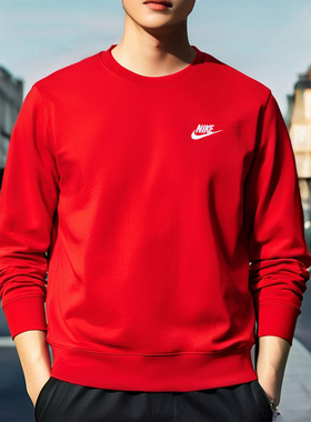 Nike耐克男子针织毛圈经典刺绣小标套头衫圆领红色卫衣FN3889-657