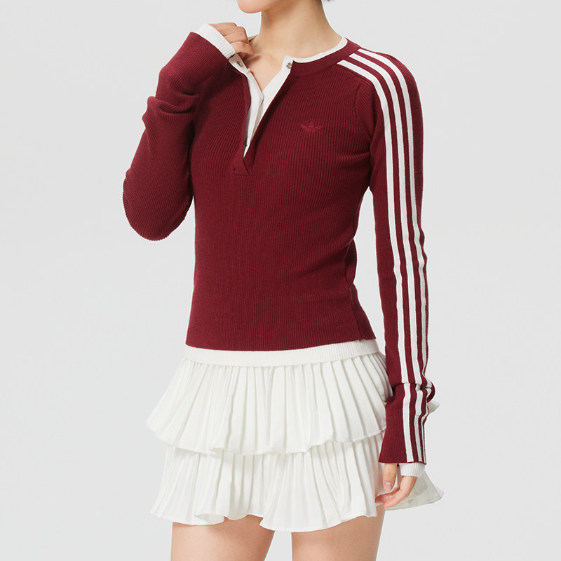 阿迪达斯三叶草女装内搭长袖针织衫26新款假两件套头运动服KS5332