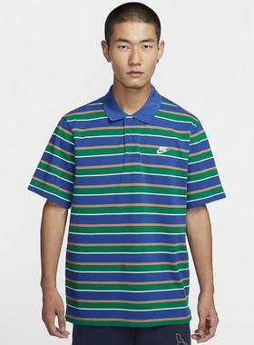 耐克男装蓝色条纹POLO衫冬季休闲透气短袖T恤运动服FN3897-480