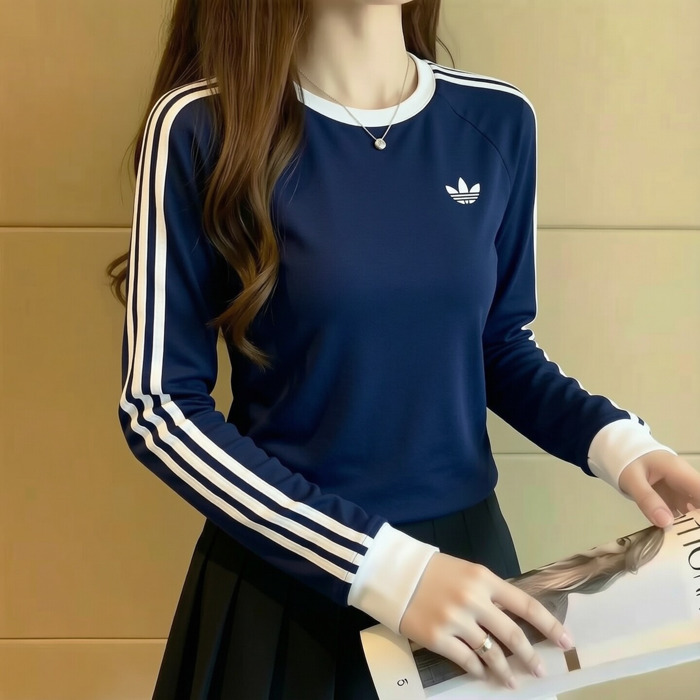 阿迪达斯正品女装短袖T恤2026秋季新款蓝色长袖纯棉透气运动服