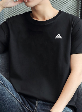 阿迪达斯圆领T恤男装2026春季新款跑步运动服黑色宽松短袖IC9282