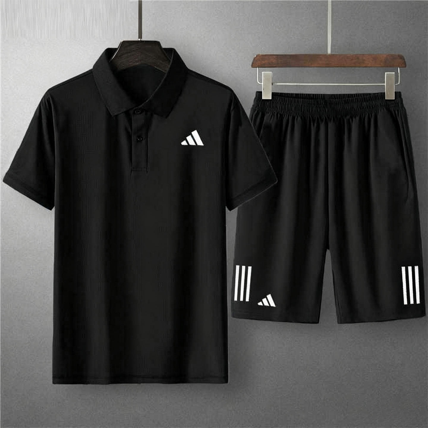 阿迪达斯男子夏季跑步套装黑色短袖短裤运动服POLO衫休闲裤两件套