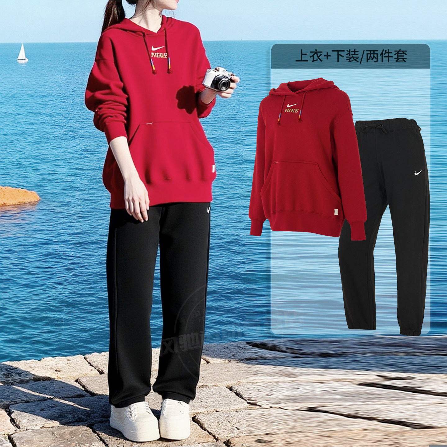 耐克女装新年款运动套装马年红色连帽卫衣收口长裤子26春季套头衫
